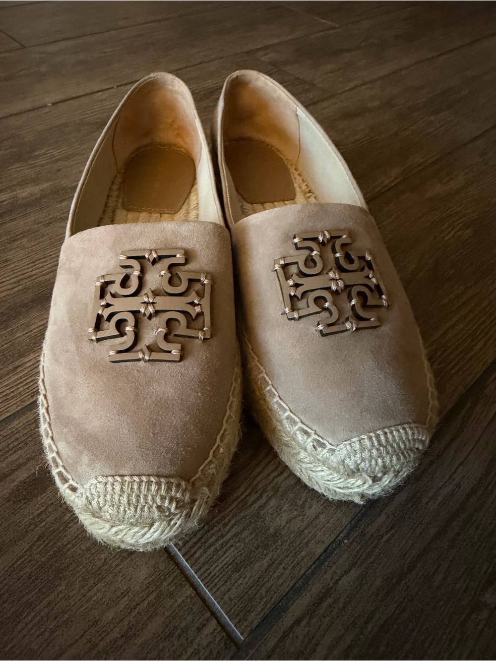 Tory Burch Taupe Suede Espadrille Loafers with Logo Plaque